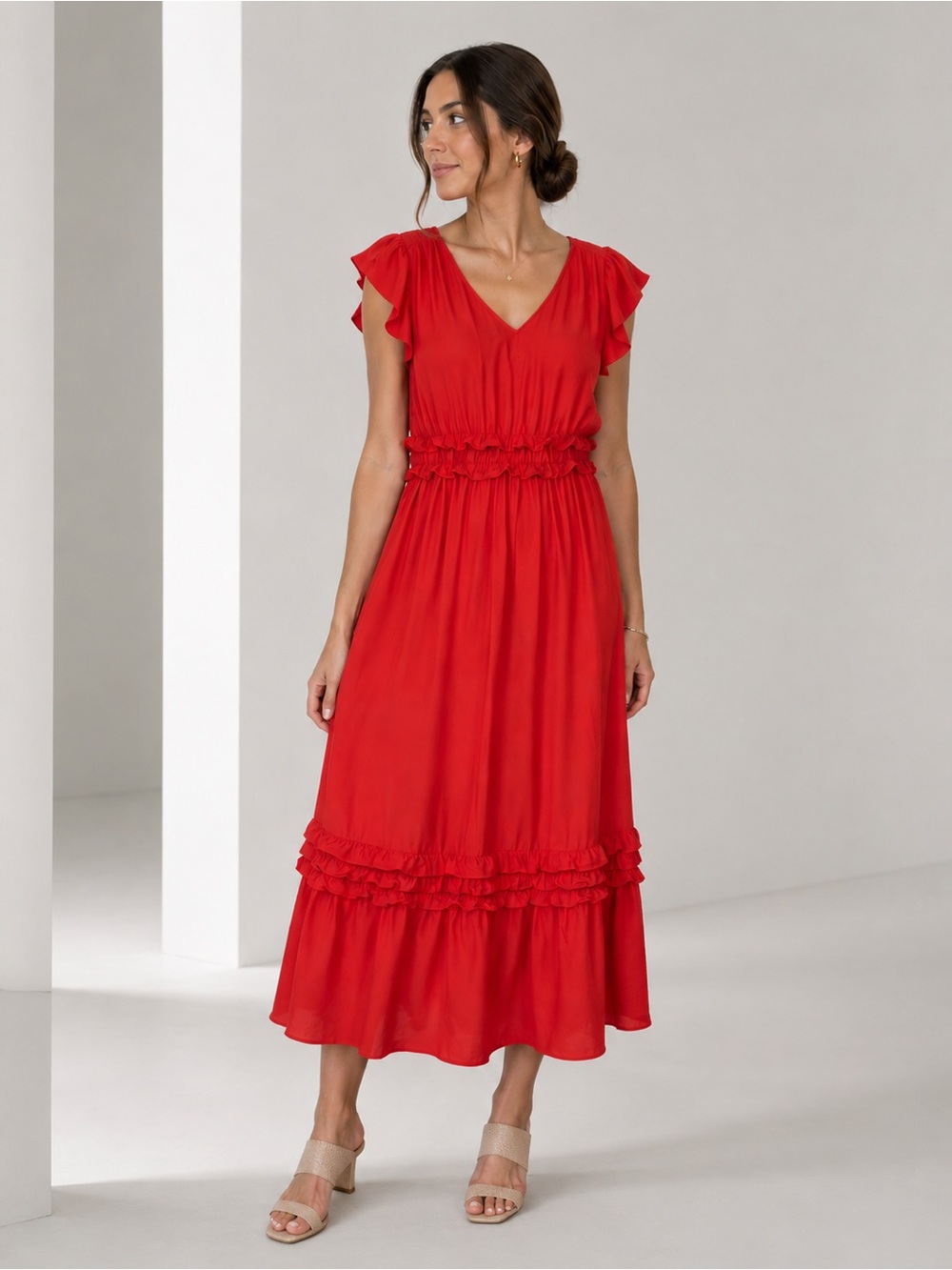 J. Jill Ruffle Trim Midi Dress Women XL Persimmon Red Flutter Sleeve NWT ecovero